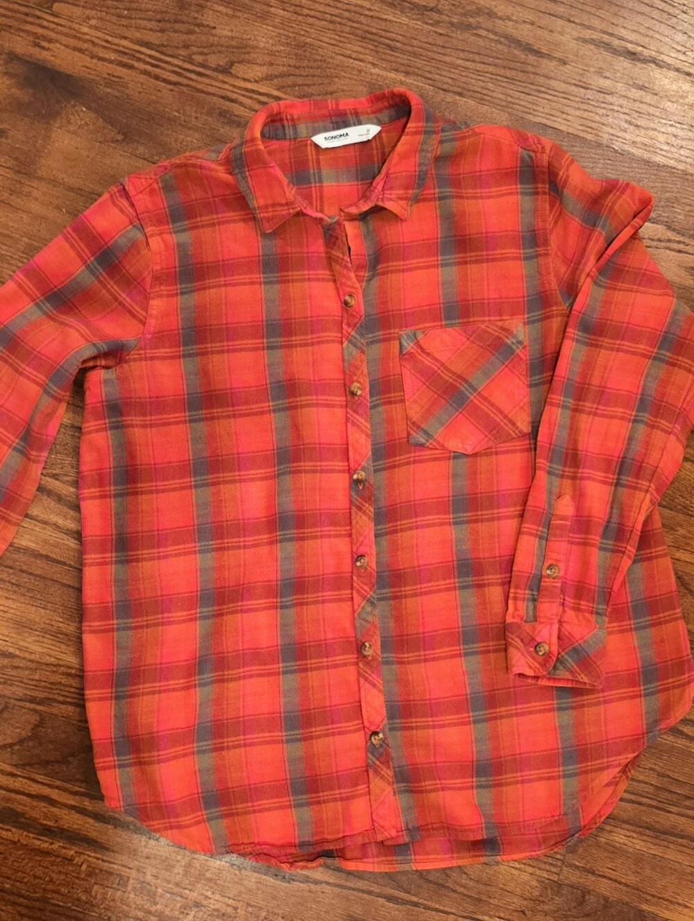 Sonoma Women's Orange, Burgandy, Pink & Gray Plaid Button-Down Shirt Sz M
